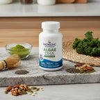 Structured composition reflecting dietary health and vegan-conscious wellness care routines with algae supplement bottle