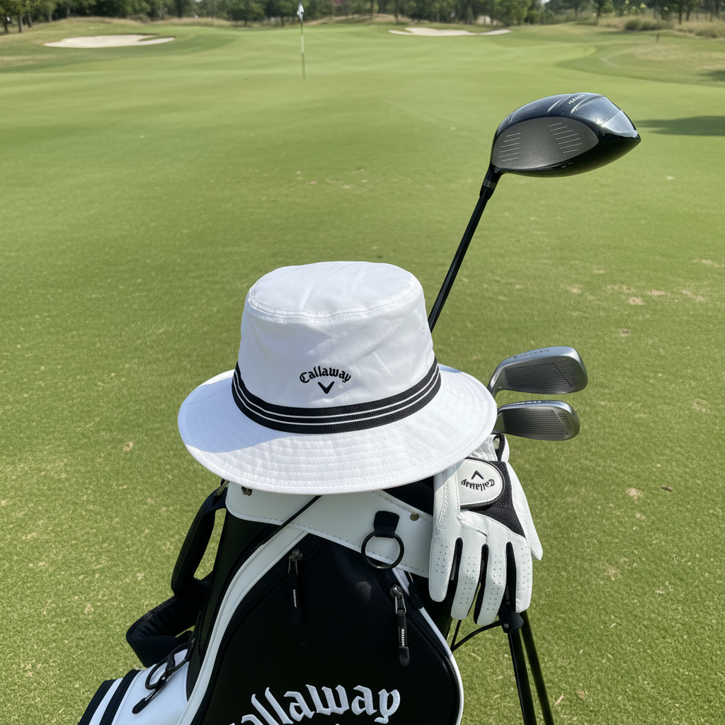 Callaway Golf white bucket hat with black striped ribbon band placed on golf bag beside driver and golf glove on sunny course