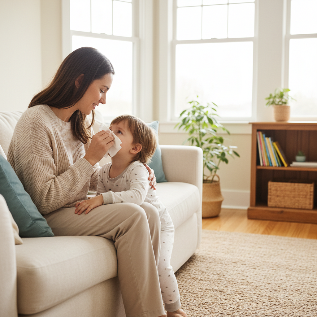 Parent helping young child blow nose with tissue at home, pediatric allergy care lifestyle photography