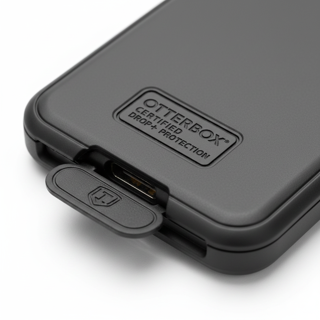 Close-up of OtterBox Commuter Series case showing port cover flap and Certified Drop+ Protection logo badge