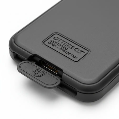 Close-up of OtterBox Commuter Series case showing port cover flap and Certified Drop+ Protection logo badge
