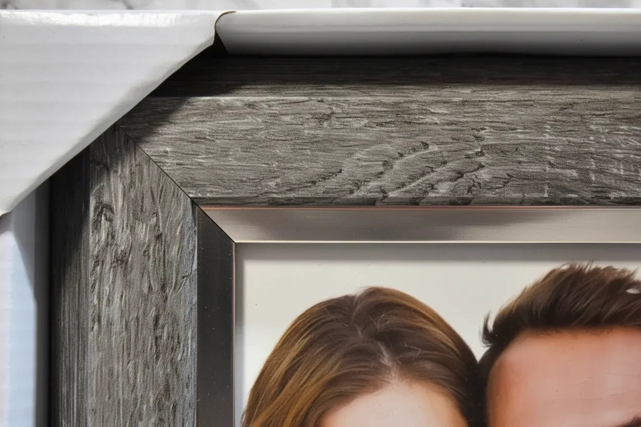 Close-up macro of silver metallic interior trim contrasting with weathered grey wood grain exterior