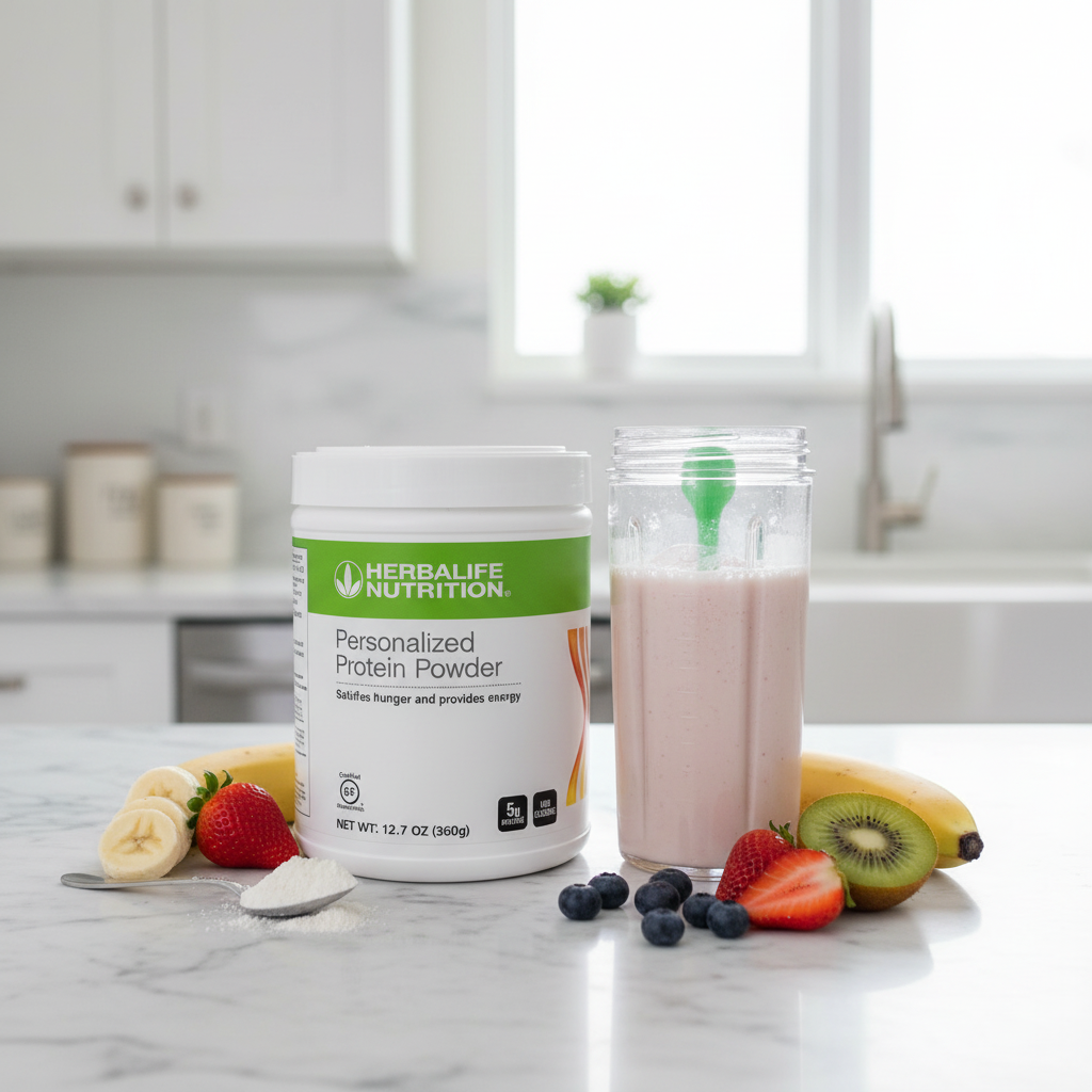 White Herbalife Nutrition Personalized Protein Powder tub with green label on a marble countertop next to a blender bottle with a creamy protein shake and fresh fruit.