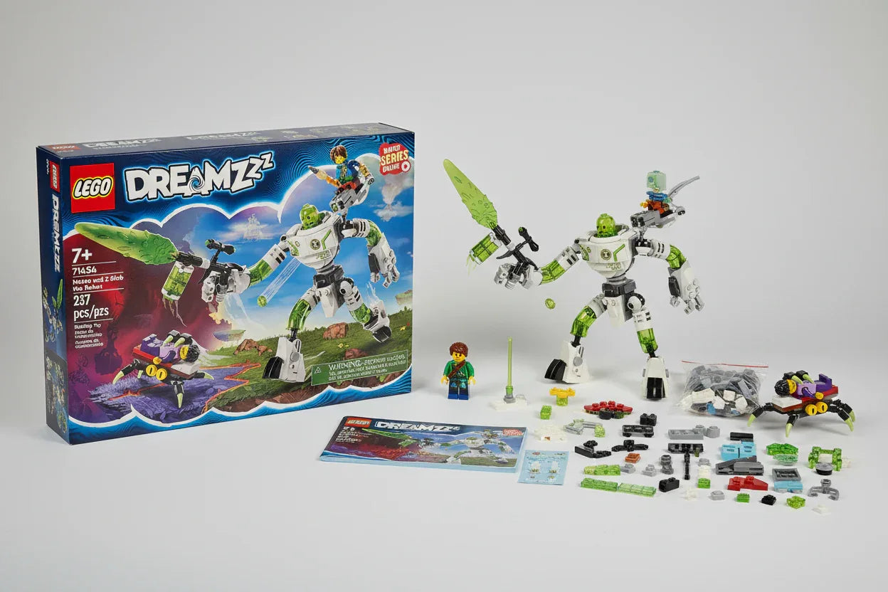 Studio photography of LEGO DREAMZzz 71454 packaging and components on neutral background