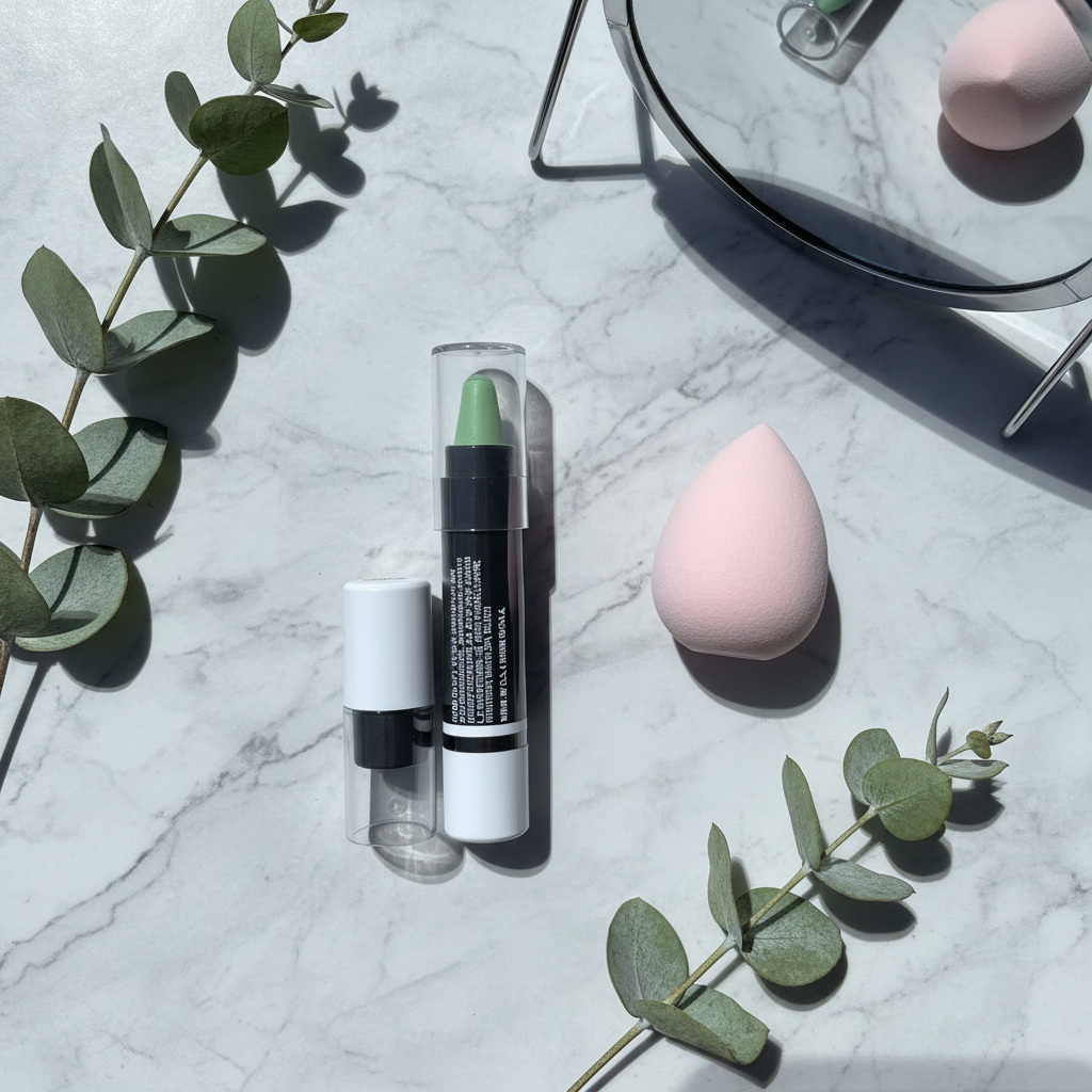 Mary Kay At Play Color Correcting Stick Wipe Out Redness white stick with clear cap and green tip flat-lay on white marble alongside a makeup sponge, small mirror, and soft green eucalyptus leaves