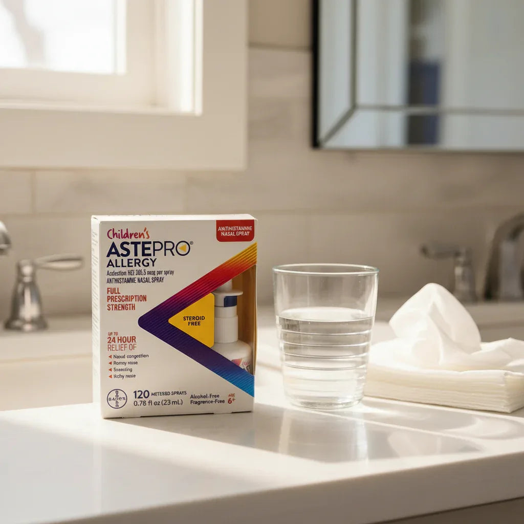 Children's ASTEPRO Allergy nasal spray on bathroom countertop lifestyle image