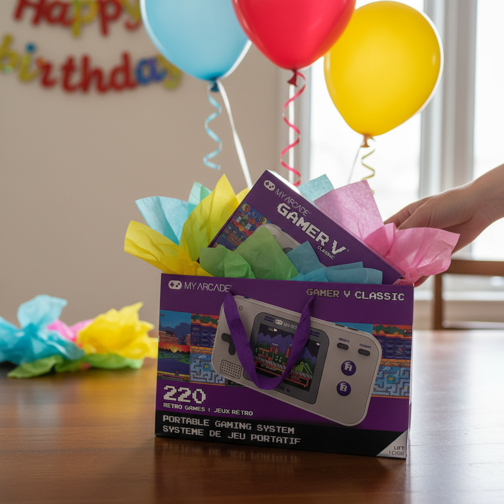 My Arcade Gamer V Classic portable gaming system as a gift in a birthday gift bag with balloons — More4less Outlet lifestyle image