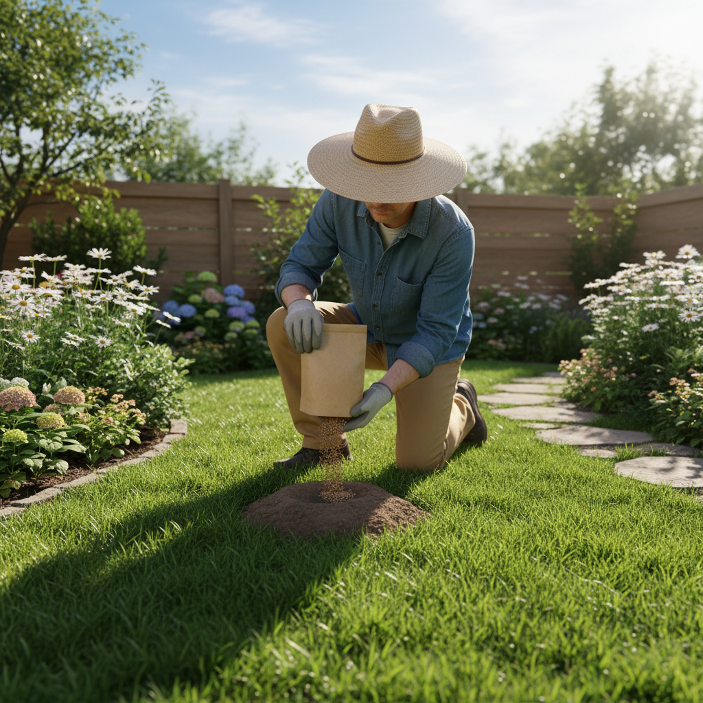 Person kneeling in a backyard garden placing pest control product near a mole tunnel in the lawn
