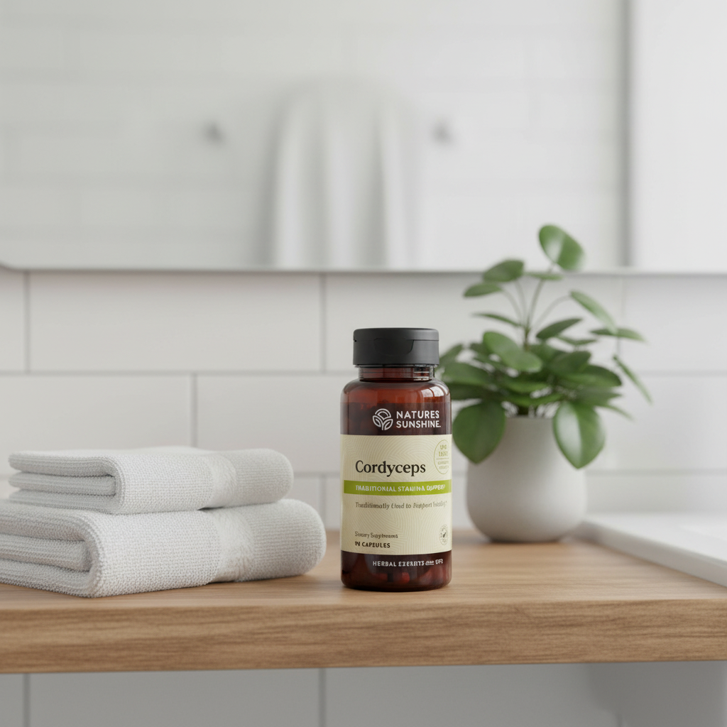 Nature's Sunshine Cordyceps bottle on contemporary wood bathroom vanity shelf with white hand towels and green potted plant
