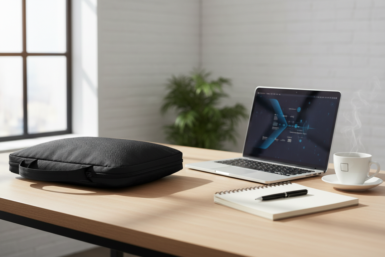 Black Lenovo ThinkPad Deluxe Expander Notebook Case on modern office desk with laptop and coffee