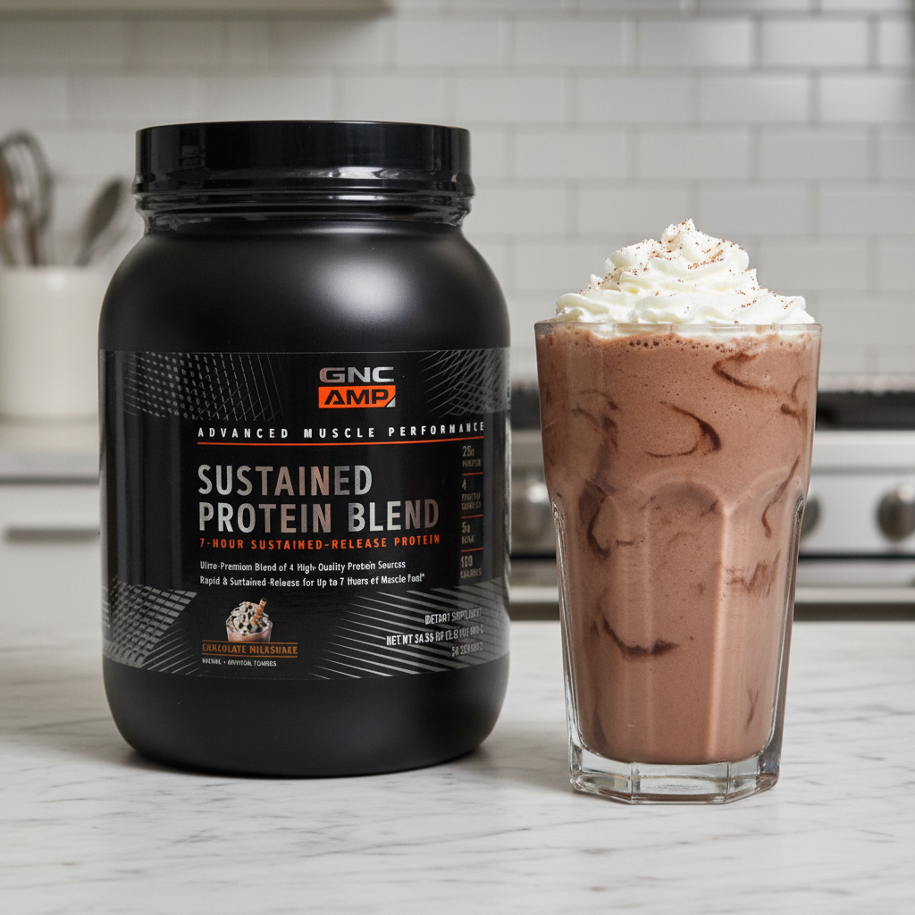 GNC AMP Sustained Protein Blend container on a marble countertop next to a tall chocolate milkshake in a clear glass.