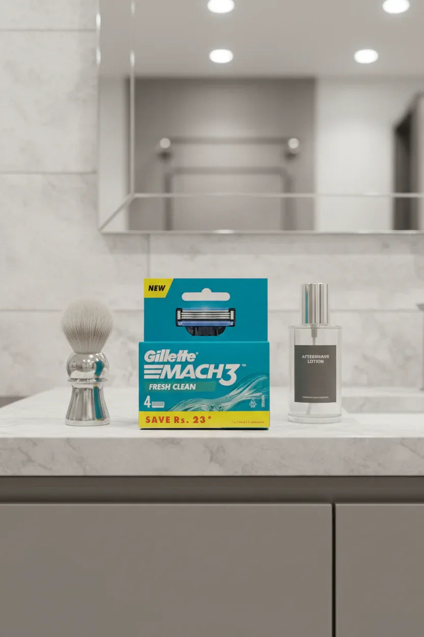 Gillette Mach3 Fresh Clean 4-pack on slate gray bathroom vanity with silver shave brush and glass aftershave bottle