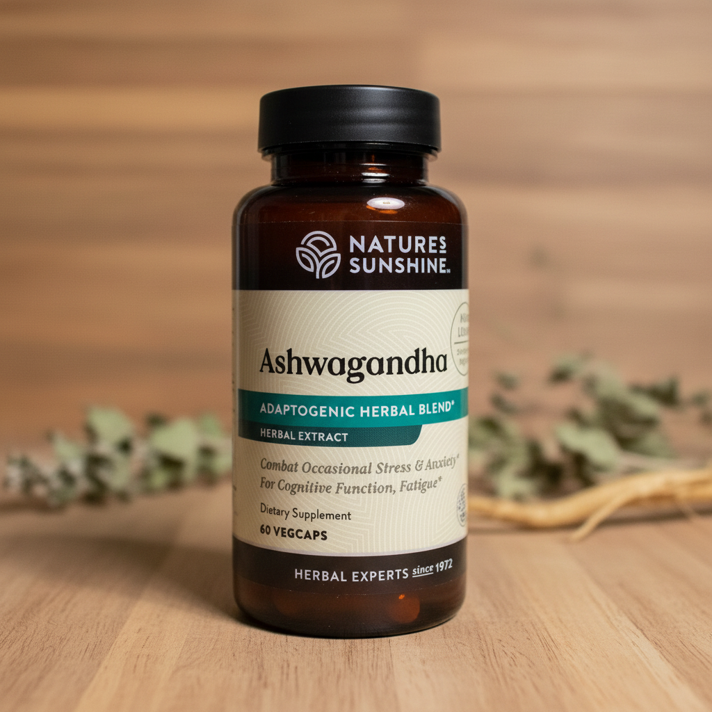 Nature's Sunshine Ashwagandha Herbal Blend bottle on a natural wood surface with botanical styling