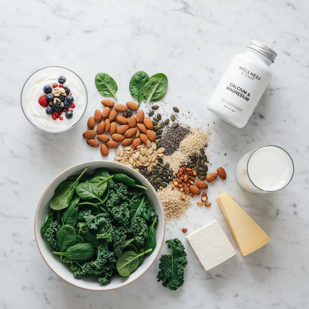 Calcium and magnesium rich foods arranged on marble surface with supplement bottle