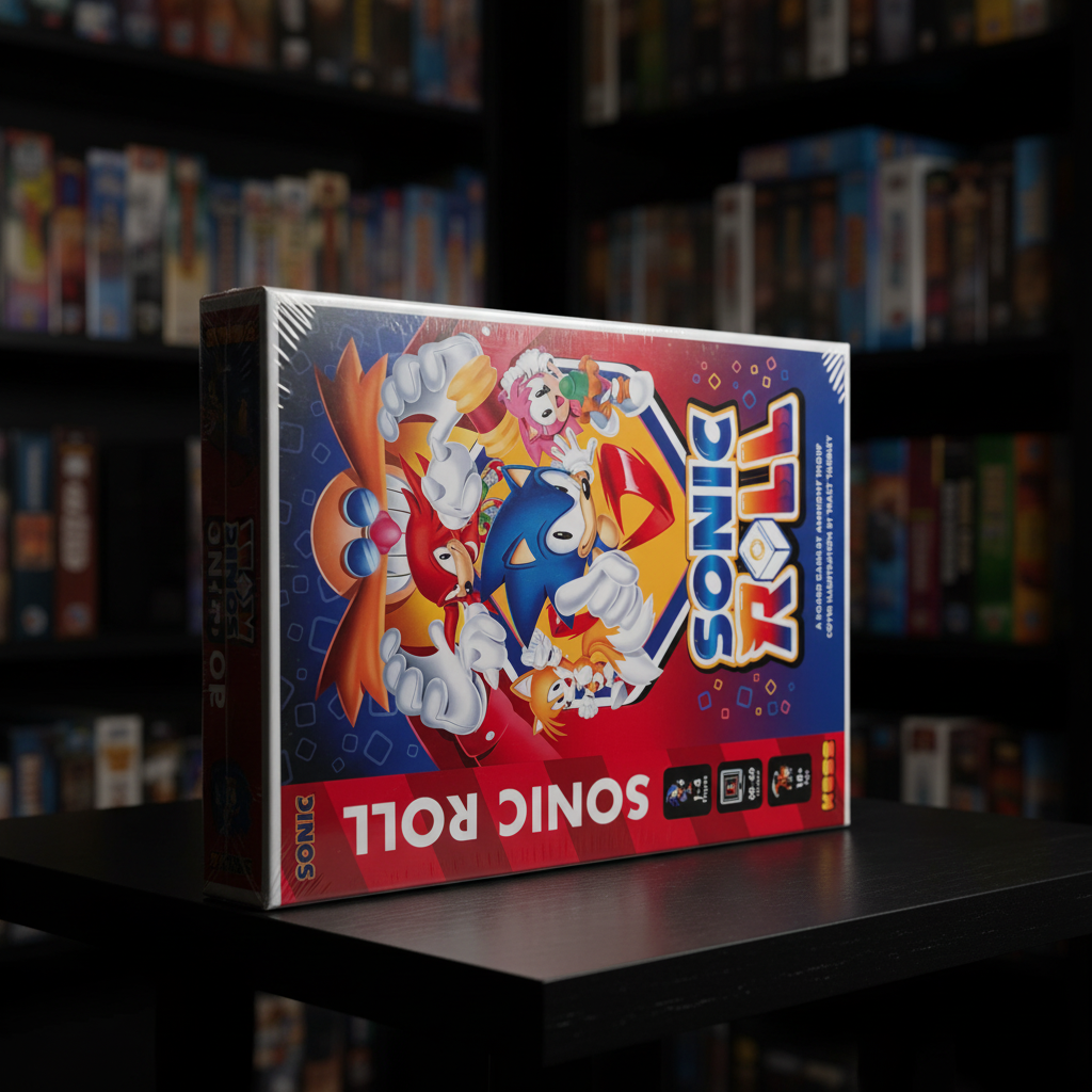 Sonic Roll board game by KESS Entertainment — factory-sealed retail box with vibrant retro Sonic cover art featuring Sonic, Tails, Knuckles, Amy, and Dr. Eggman — standing upright on a dark game night table with dramatic moody lighting