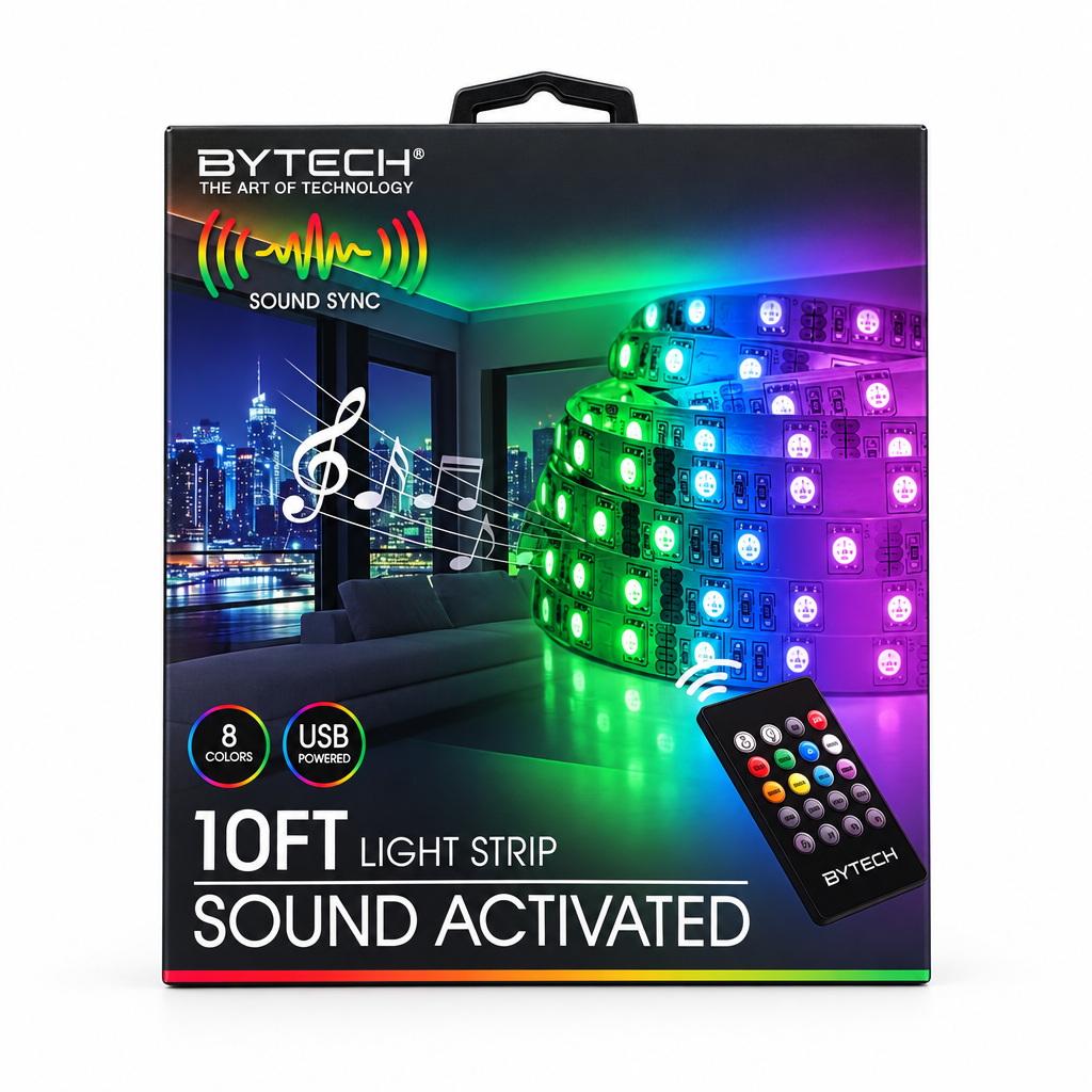 AI-generated studio photo of the Bytech 10FT Sound Activated LED Light Strip retail box