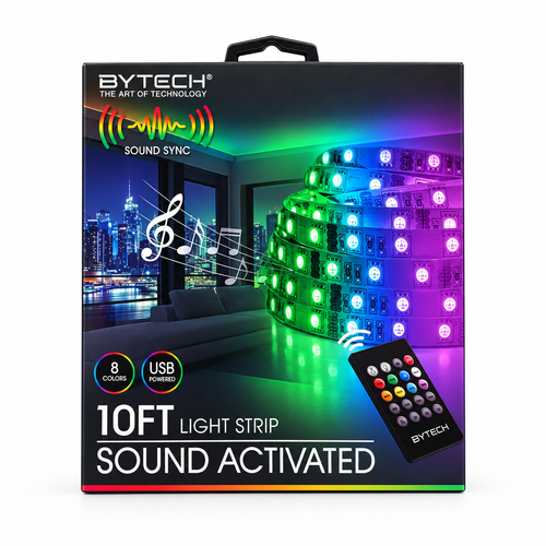 AI-generated studio photo of the Bytech 10FT Sound Activated LED Light Strip retail box
