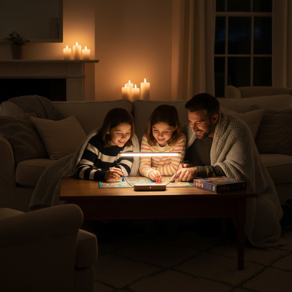 Family using a portable cordless LED bar light as emergency lighting during a power outage, playing board games by warm glow