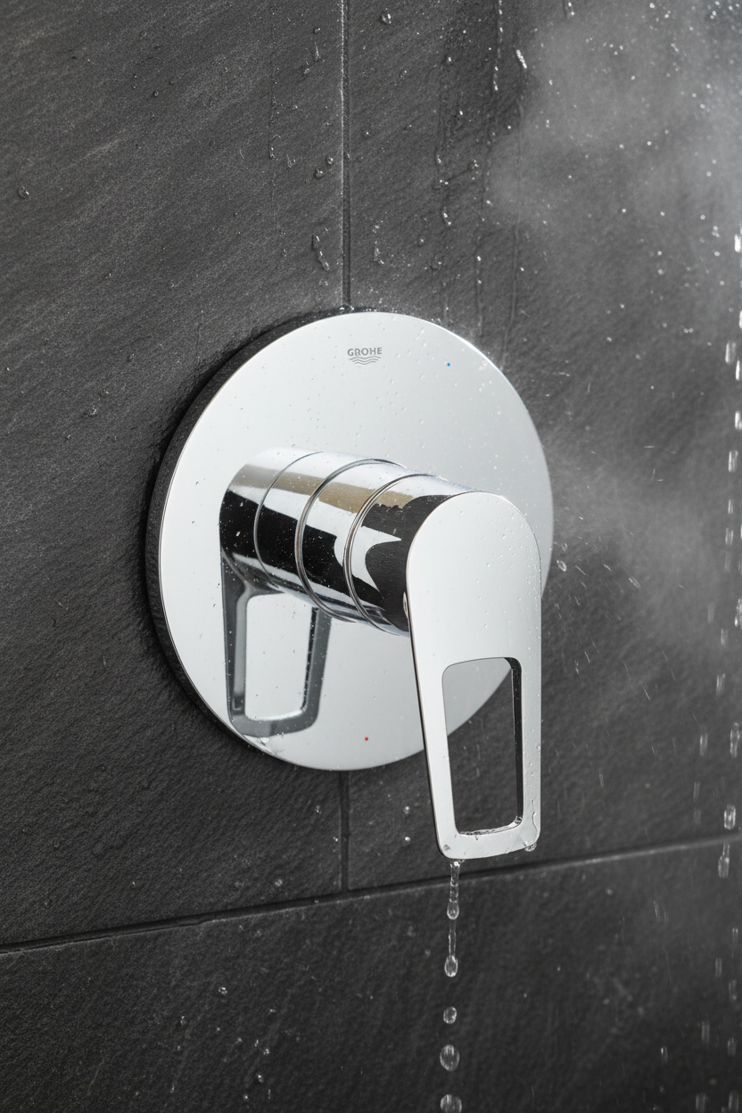 Grohe BauLoop polished chrome single-lever shower valve trim with loop handle installed on dark slate tile shower wall