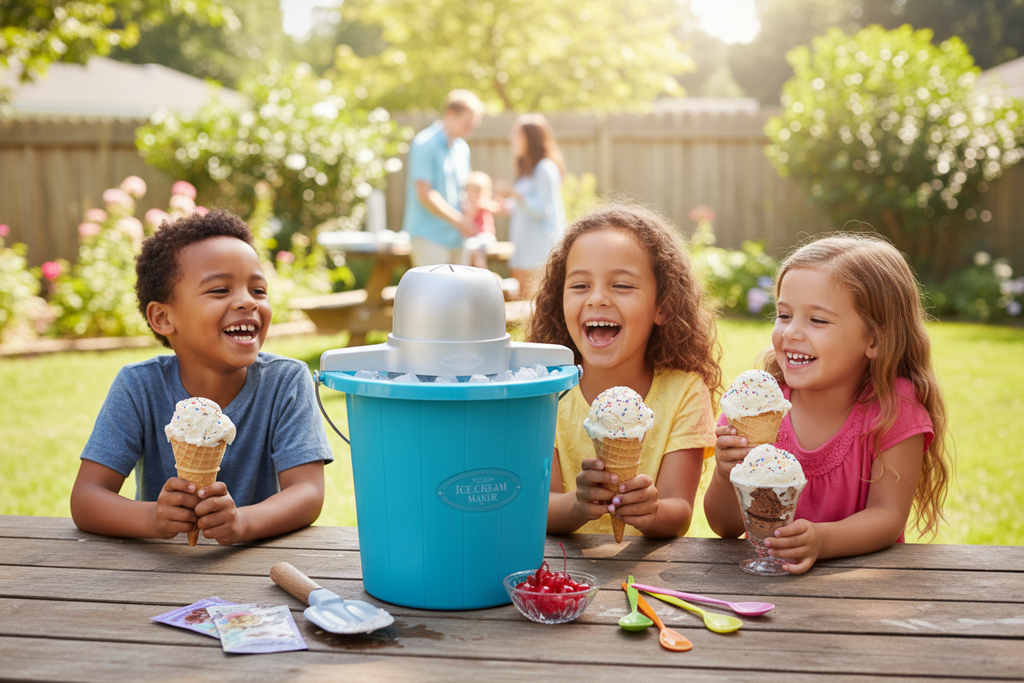 Children laughing eating fresh vanilla bean ice cream made with Nostalgia blue bucket electric ice cream maker outdoors