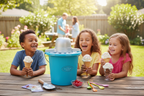 Children laughing eating fresh vanilla bean ice cream made with Nostalgia blue bucket electric ice cream maker outdoors