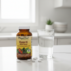 Daily supplement routine with vitamin D3 amber glass bottle next to water glass on bright white countertop – More4less Outlet