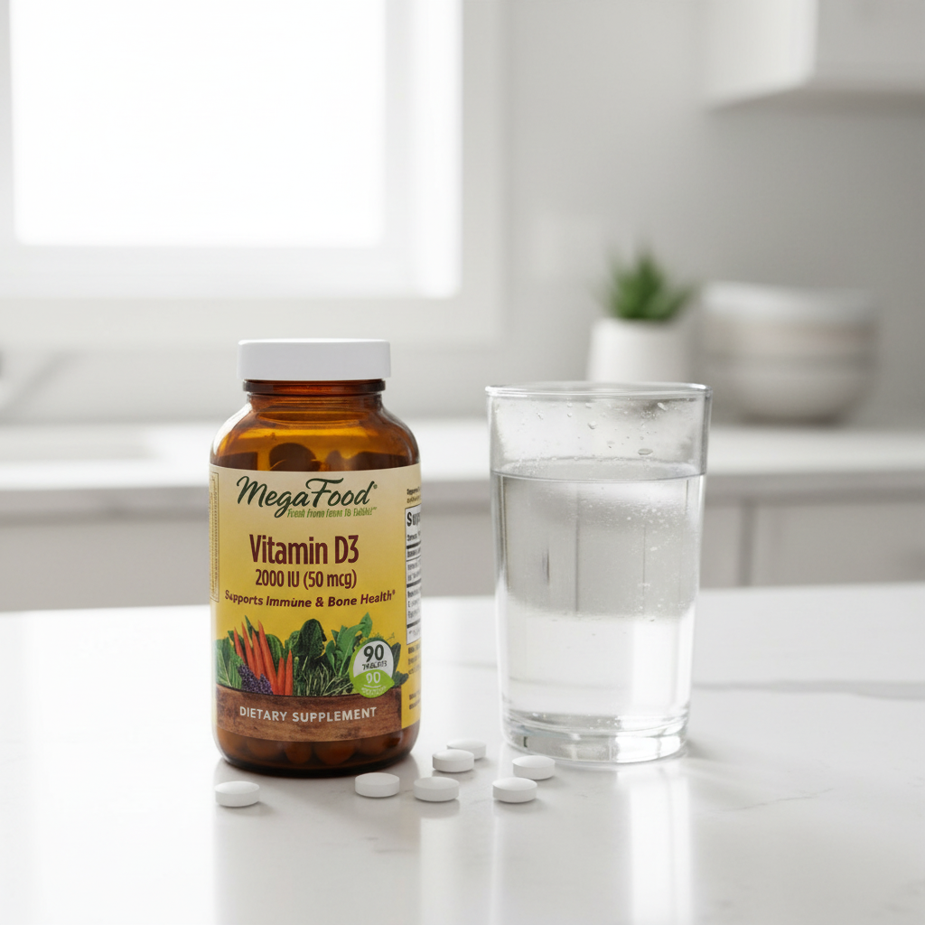 Daily supplement routine with vitamin D3 amber glass bottle next to water glass on bright white countertop – More4less Outlet