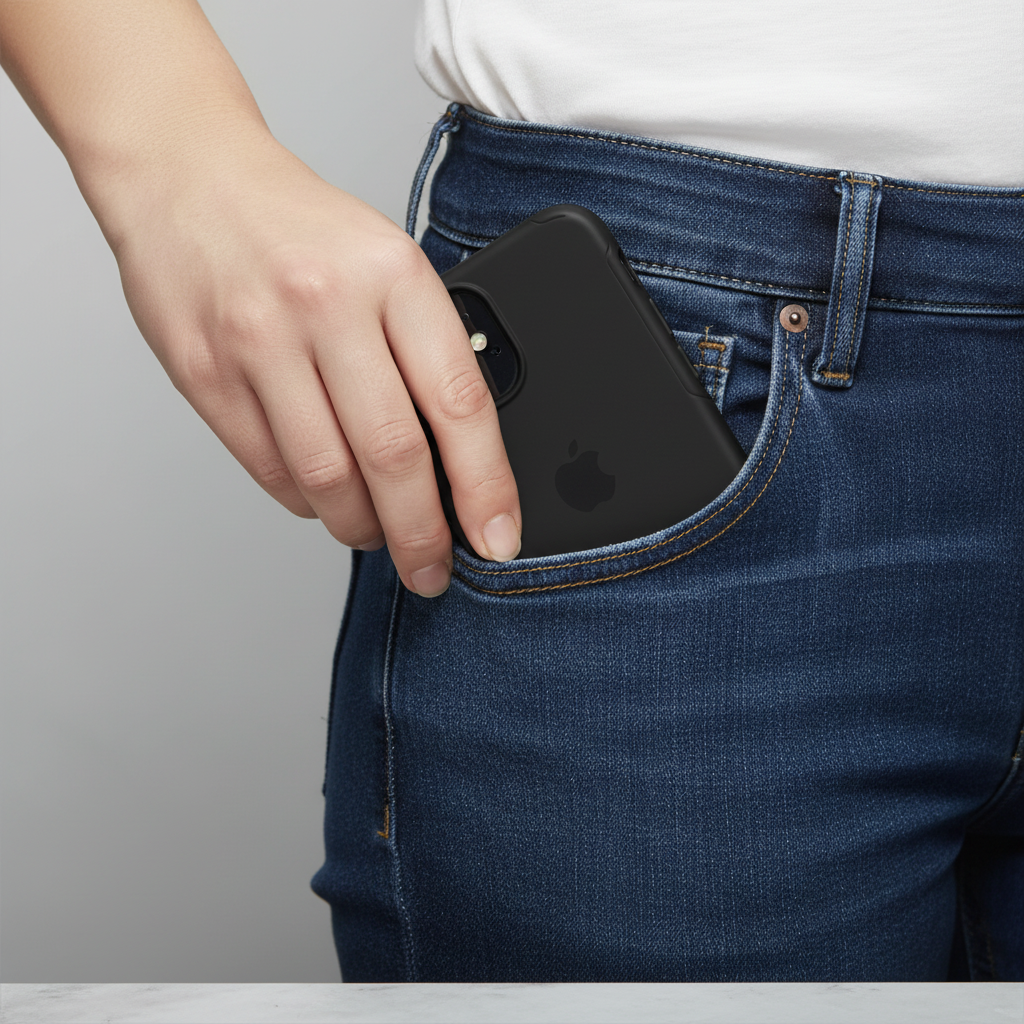 Hand sliding iPhone 13 Mini with OtterBox Symmetry case into jeans pocket demonstrating pocket-friendly slim design