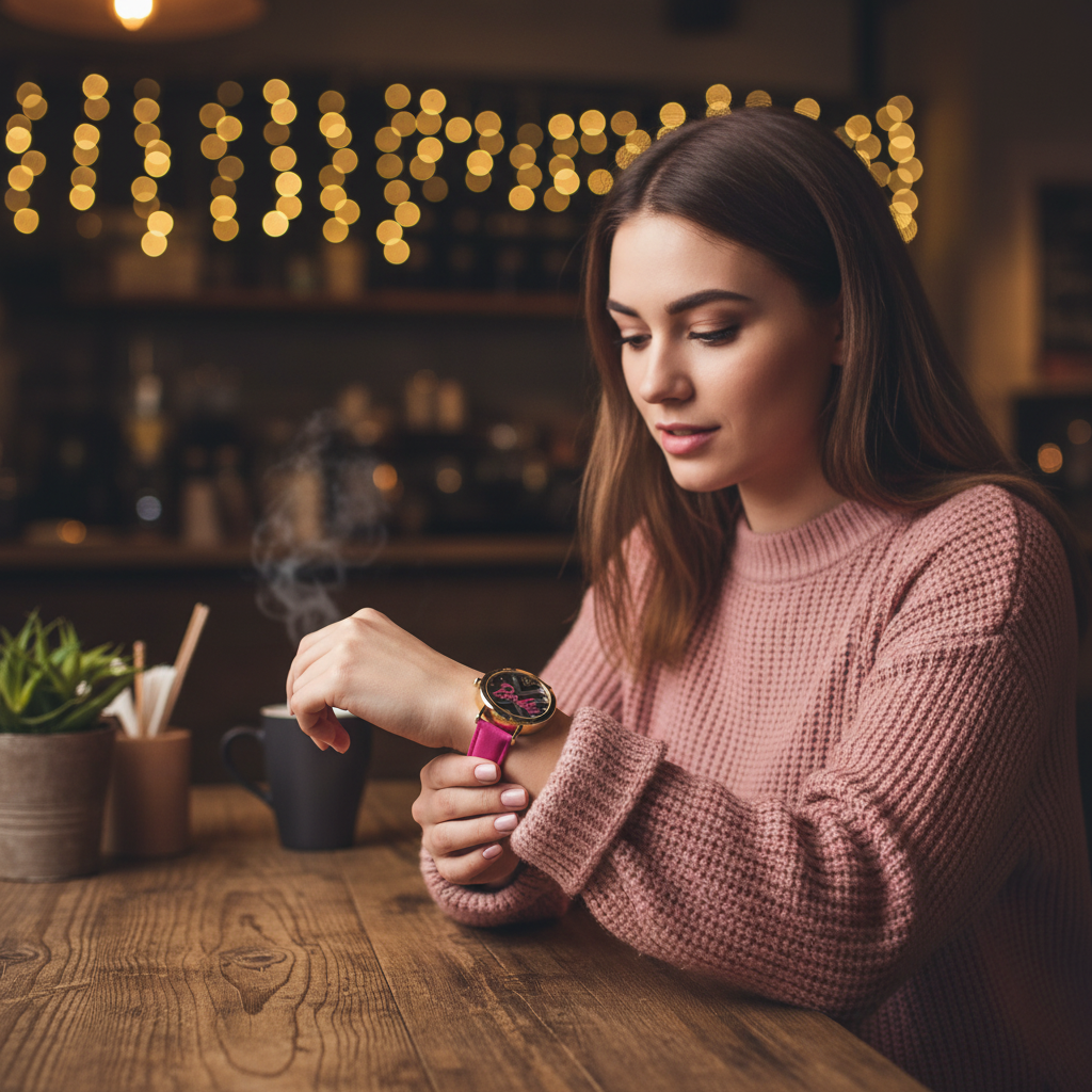 Woman in pink knit sweater checking time on gold-tone Barbie watch with hot pink strap in coffee shop