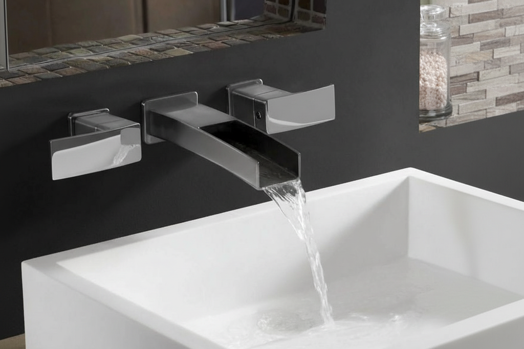 Pfister Kenzo polished chrome wall mount faucet with waterfall water flow into modern white vessel sink against dark charcoal wall