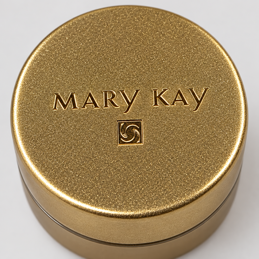 AI-generated close-up of the gold lid of the Mary Kay Satin Lips Lip Balm jar