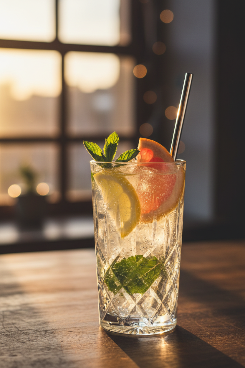 Sparkling longdrink cocktail with mint and citrus catching warm golden hour light in a Riedel Spey German crystal highball tumbler