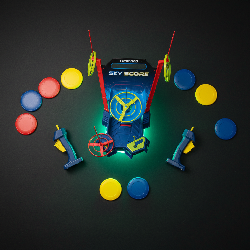 Sky Score game components flat lay with disc launchers and colorful discs on dark surface