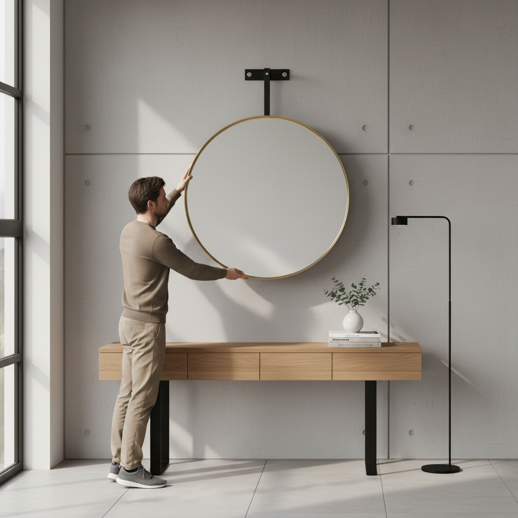 Homeowner hanging large framed mirror on steel wall bracket above entryway console table