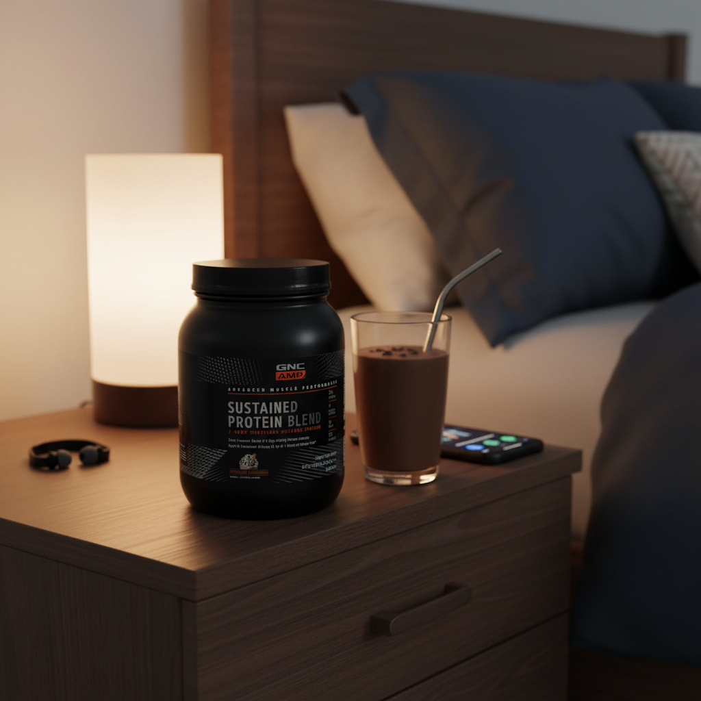 GNC AMP Sustained Protein Blend container on a nightstand next to a glass of protein shake with soft evening lighting.
