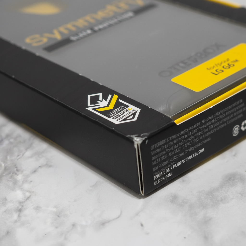 Close-up of OtterBox certified drop protection logo badge on Symmetry Series packaging