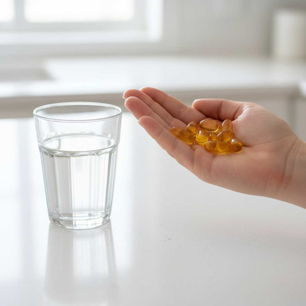 Close-up of a hand holding small oval softgel capsules next to a glass of water on a white counter