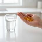 Close-up of a hand holding small oval softgel capsules next to a glass of water on a white counter