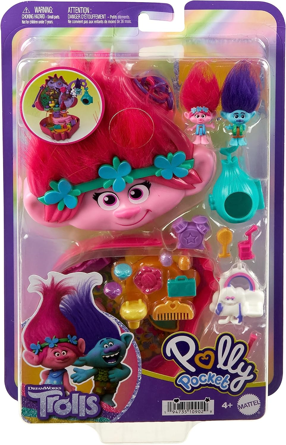 Polly Pocket x DreamWorks Trolls Poppy Compact Playset with Poppy & Branch Micro Dolls