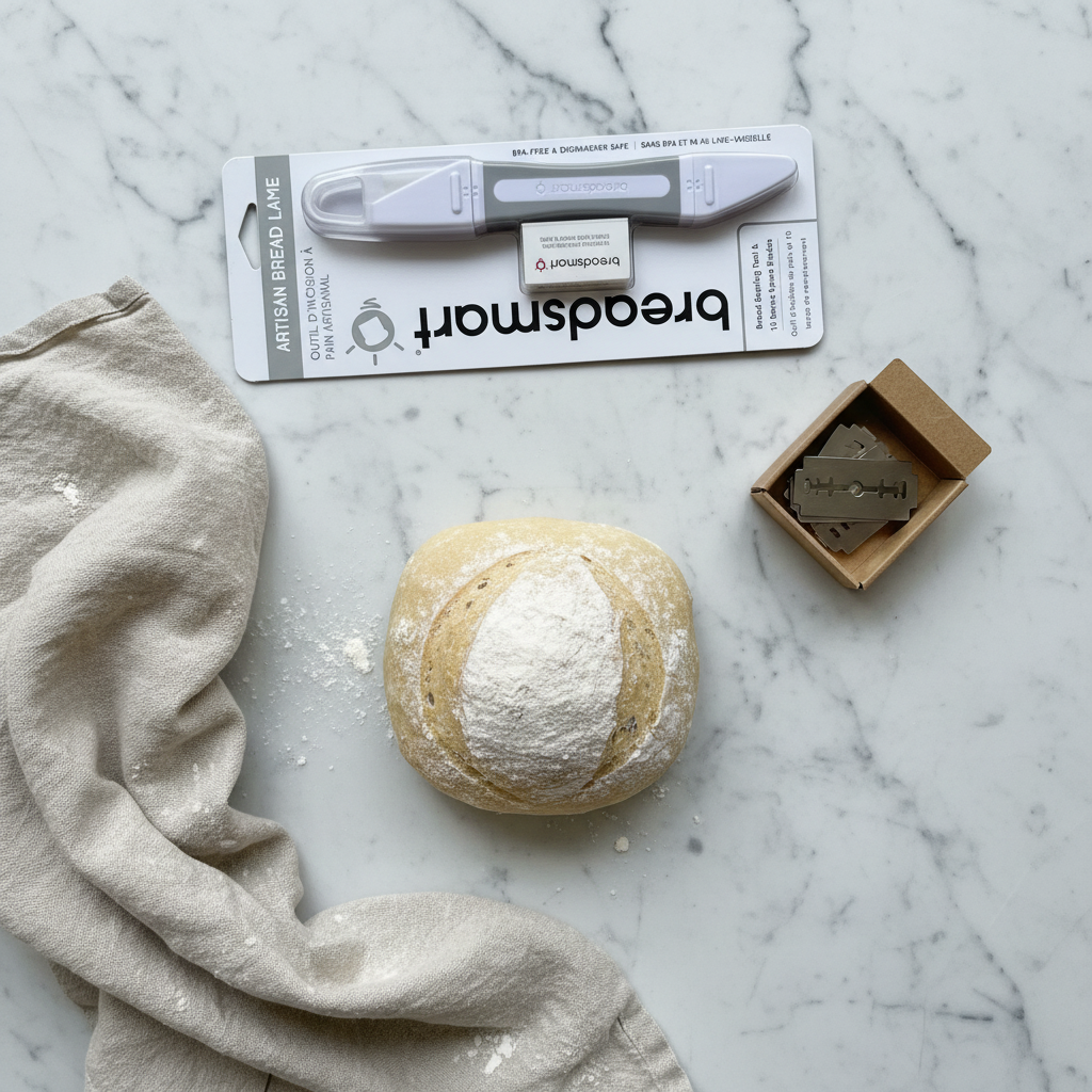Flat lay of artisan bread baking essentials — grey dual-ended bread lame, stainless steel blades, flour dusted linen, and sourdough boule on white marble