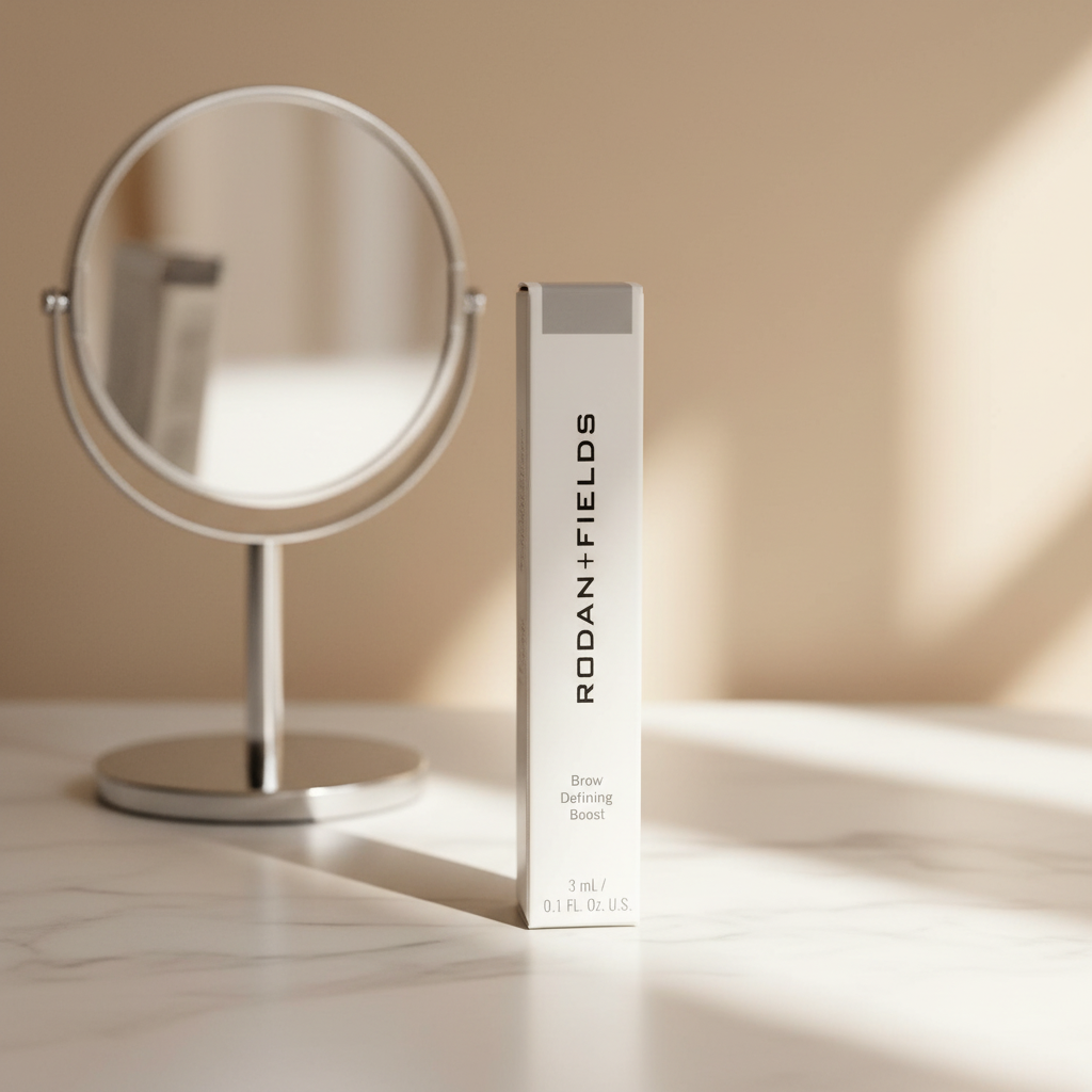 Rodan + Fields Brow Defining Boost Light 3 mL package on a makeup vanity