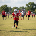 Young boy youth football player in full gear sprinting on field during practice, youth sports action