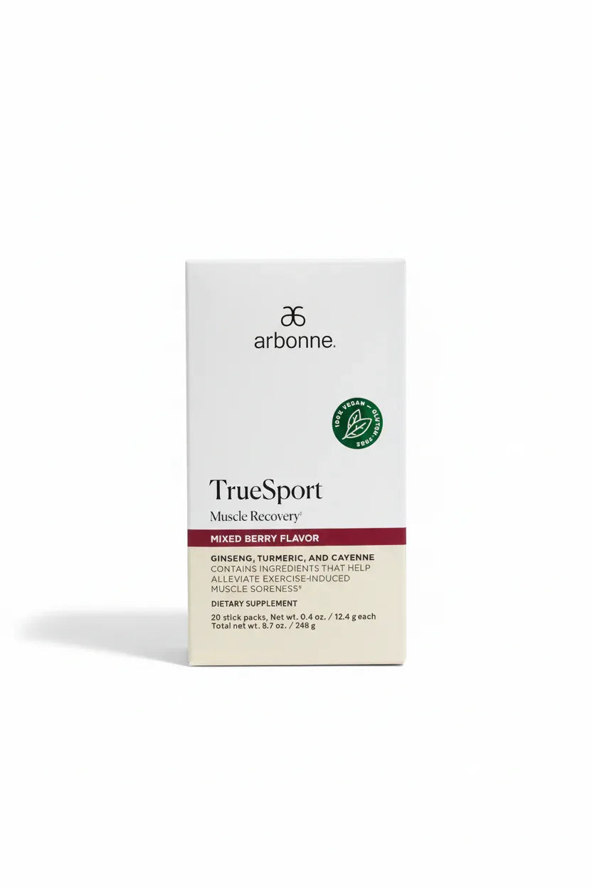 Arbonne TrueSport Muscle Recovery box white background studio product shot
