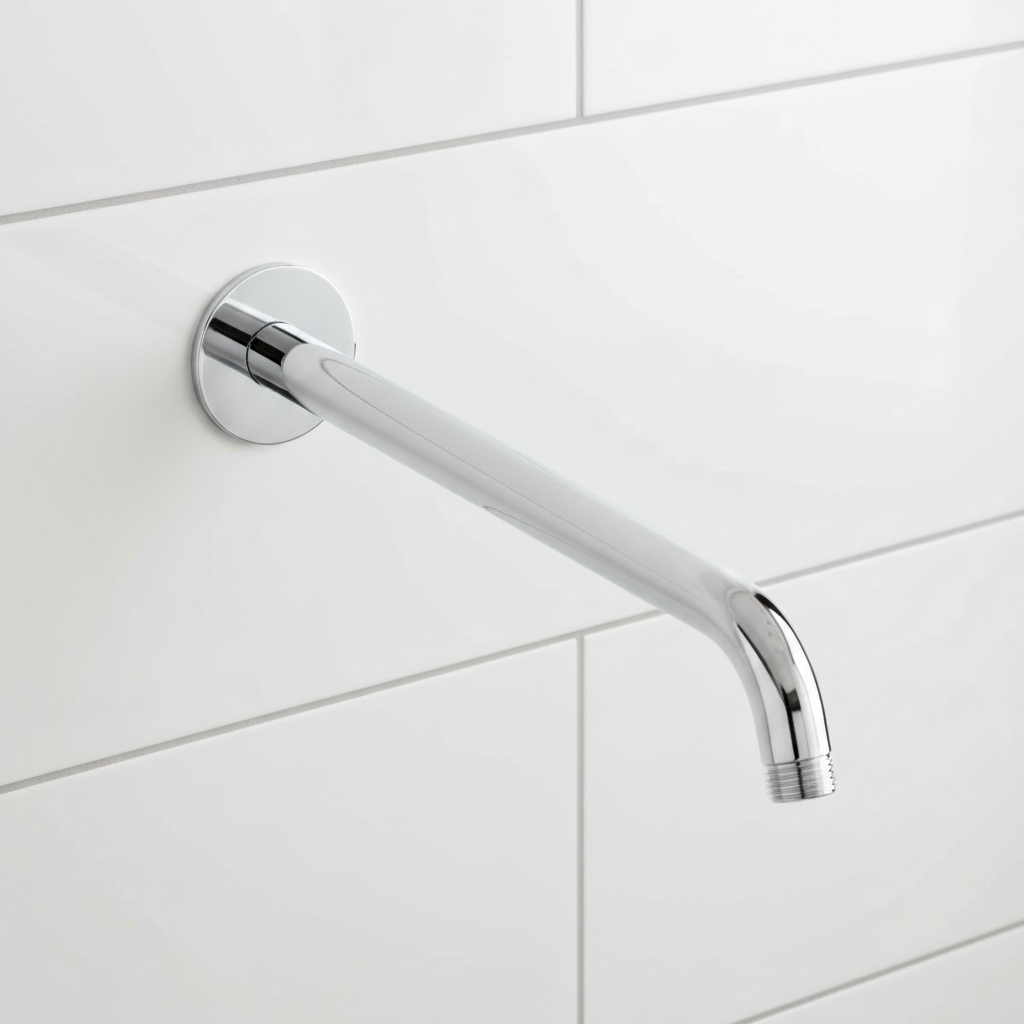 Grohe Rainshower polished chrome shower arm close-up showing mirror finish and clean lines against white tile