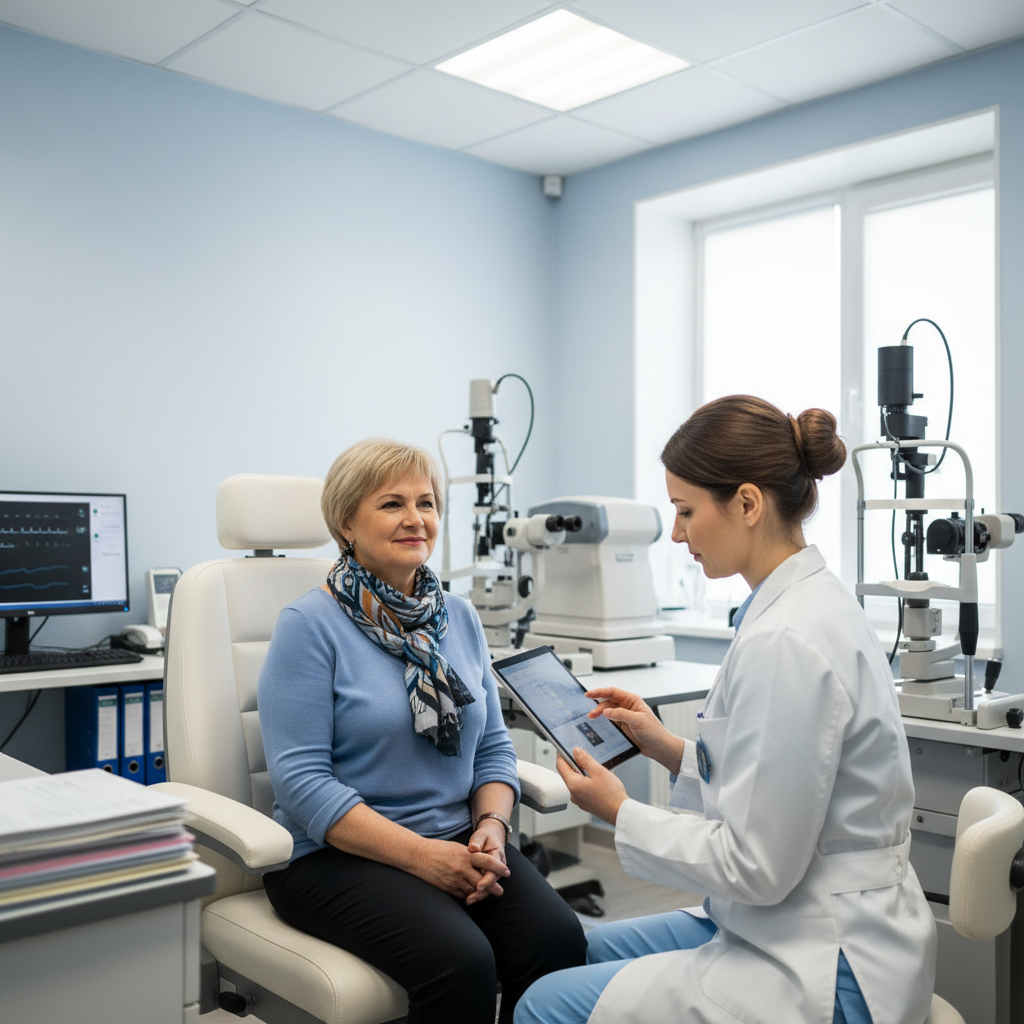Older woman at eye doctor appointment with ophthalmologist reviewing her chart in clinical setting