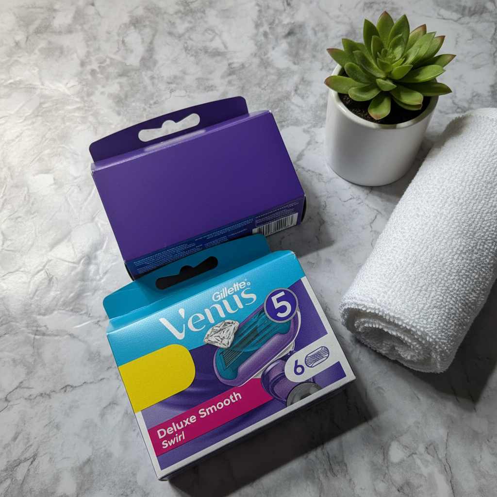 Designer personal care essentials arranged in soft morning light on marble vanity