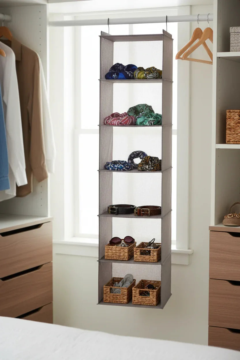 Whitmor hanging closet organizer light grey on wooden rod with neatly folded scarves belts and accessories in modern bedroom