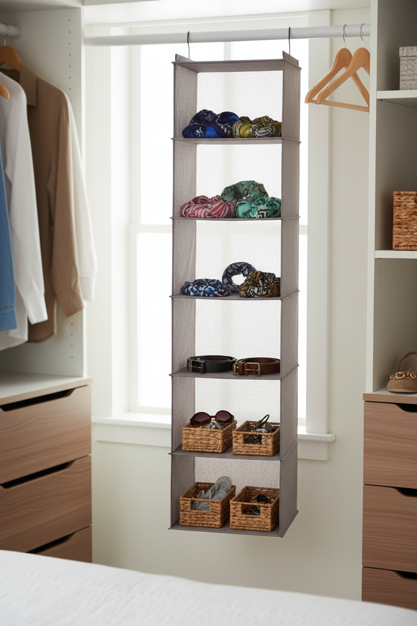 Whitmor hanging closet organizer light grey on wooden rod with neatly folded scarves belts and accessories in modern bedroom