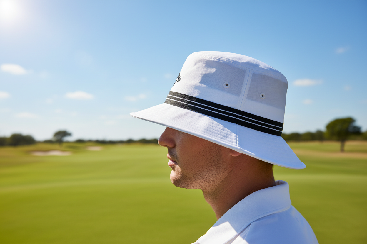 Callaway Golf white bucket hat with black striped ribbon band worn by golfer on sunny golf course with green fairway and blue sky