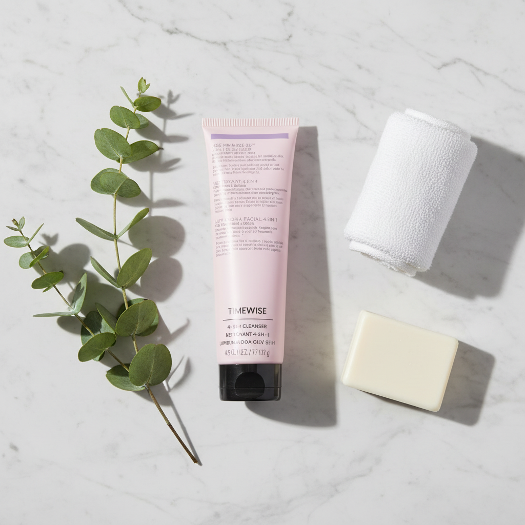 Flat lay of Mary Kay TimeWise Age Minimize 3D Cleanser with eucalyptus sprigs and white towel on marble